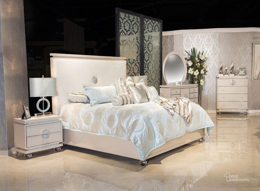 The appearance of Glimmering Heights Ivory Upholstered Platform Bedroom Set designed by AICO in the transitional interior design. This white piece of furniture  was selected by 1StopBedrooms from Glimmering Heights Collection to add a touch of cosiness and style into your home. Sku: 9011012R-111;9011132-111;9000238-00;9011040-111. Bed Type: Platform Bed. Material: Metal. Product Type: Platform Bed. Bed Size: Queen. Image1