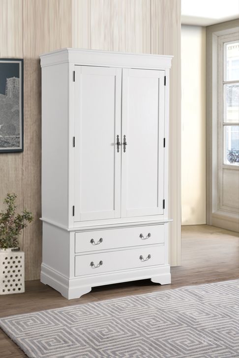 The appearance of Glory Furniture G3190A designed by Glory in the modern / contemporary interior design. This white piece of furniture  was selected by 1StopBedrooms from G3190 Collection to add a touch of cosiness and style into your home. Sku: G3190-A-Armoire Top;G3190-A-Armoire Base. Material: Wood. Product Type: Armoire. Image1