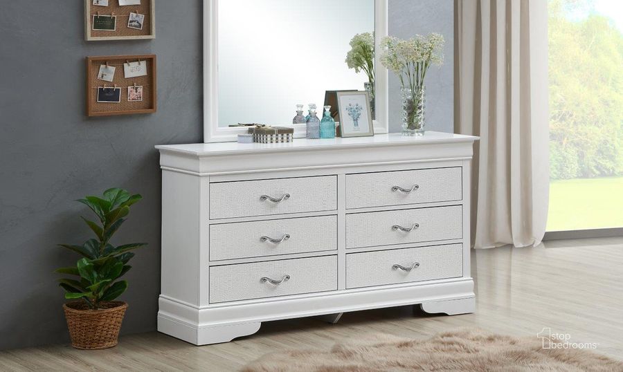 The appearance of Glory Furniture Lorana Silver Champagne Dresser designed by Glory in the transitional interior design. This silver piece of furniture  was selected by 1StopBedrooms from Lorana Collection to add a touch of cosiness and style into your home. Sku: G6590-D-Dresser. Material: Wood. Product Type: Dresser. Image1