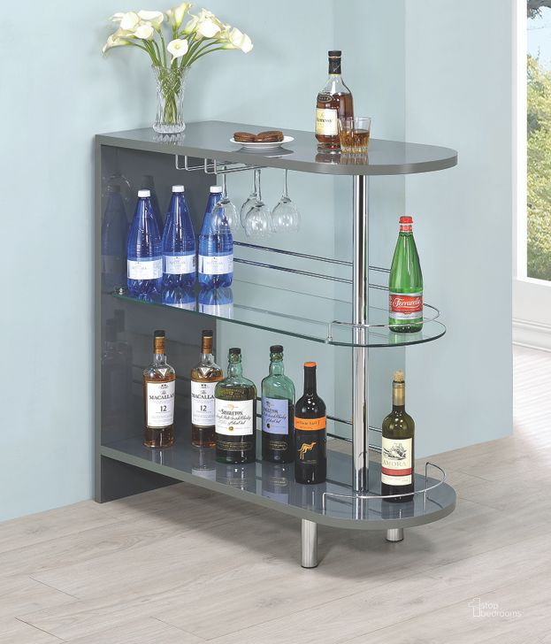 The appearance of Glossy Grey Bar Unit designed by Coaster in the modern / contemporary interior design. This gray piece of furniture  was selected by 1StopBedrooms from Glossy Collection to add a touch of cosiness and style into your home. Sku: 101073. Material: Glass. Product Type: Bar Cabinet. Image1