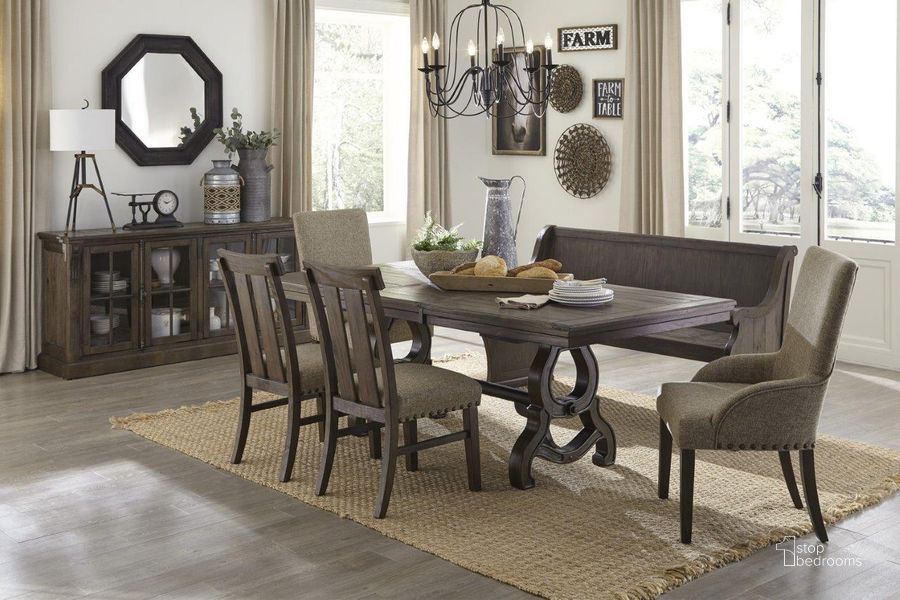 The appearance of Gloversville Brown Extendable Dining Room Set designed by Homelegance in the transitional interior design. This brown piece of furniture  was selected by 1StopBedrooms from Gloversville Collection to add a touch of cosiness and style into your home. Sku: 5799-86;5799S. Table Base Style: Trestle. Material: Wood. Product Type: Dining Room Set. Table Top Shape: Rectangular. Size: 86". Image1