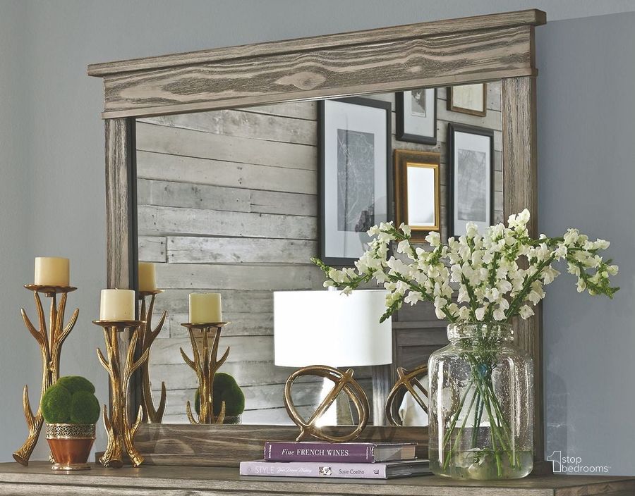 The appearance of Glacier Point Greystone Mirror designed by A-America in the rustic / southwestern interior design. This brown piece of furniture  was selected by 1StopBedrooms from Glacier Point Collection to add a touch of cosiness and style into your home. Sku: GLPGR5550. Product Type: Dresser Mirror. Material: Pine. Image1