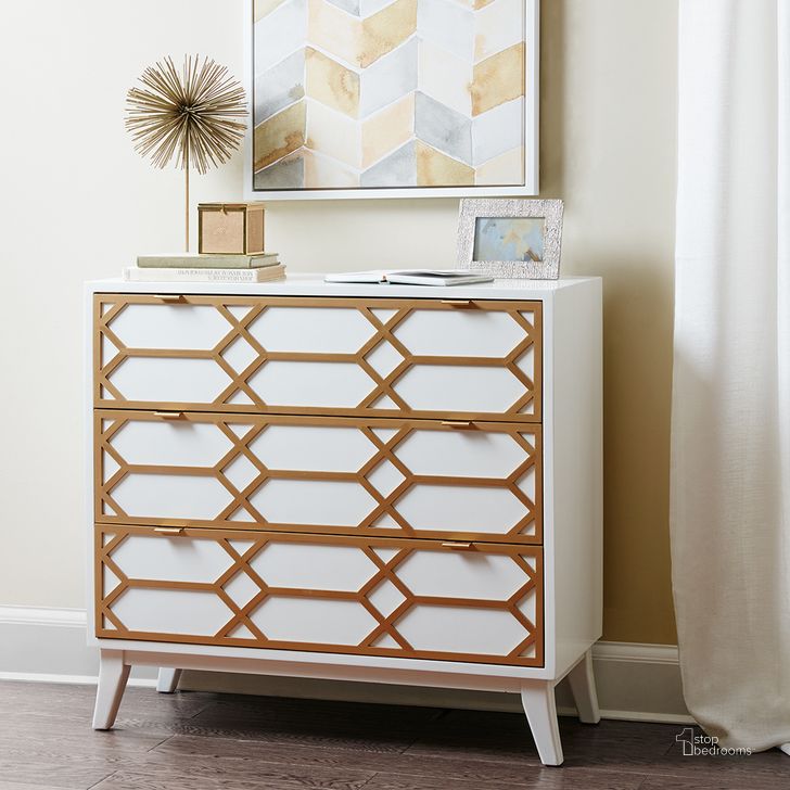 The appearance of Gold Lattice Accent Chest In White designed by Olliix in the modern / contemporary interior design. This white piece of furniture  was selected by 1StopBedrooms from Maria Collection to add a touch of cosiness and style into your home. Sku: FUR130-0019. Product Type: Chest. Material: MDF. Image1