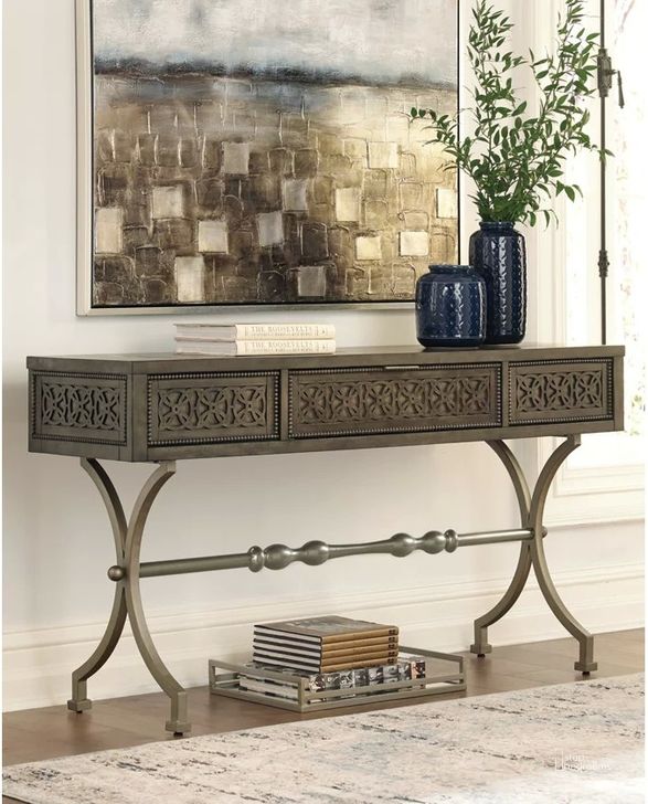 The appearance of Grahamville Antique Black Console Table designed by Bennett Interiors in the transitional interior design. This antique black piece of furniture  was selected by 1StopBedrooms from Grahamville Collection to add a touch of cosiness and style into your home. Sku: A4000077. Material: Metal. Product Type: Sofa Table. Image1
