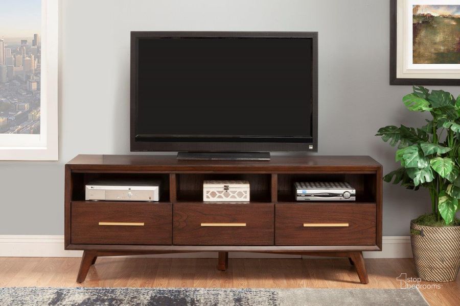 The appearance of Gramercy Tv Console In Walnut designed by Alpine in the transitional interior design. This walnut piece of furniture  was selected by 1StopBedrooms from Gramercy Collection to add a touch of cosiness and style into your home. Sku: 1978-10. Material: Wood. Product Type: TV Console. Image1