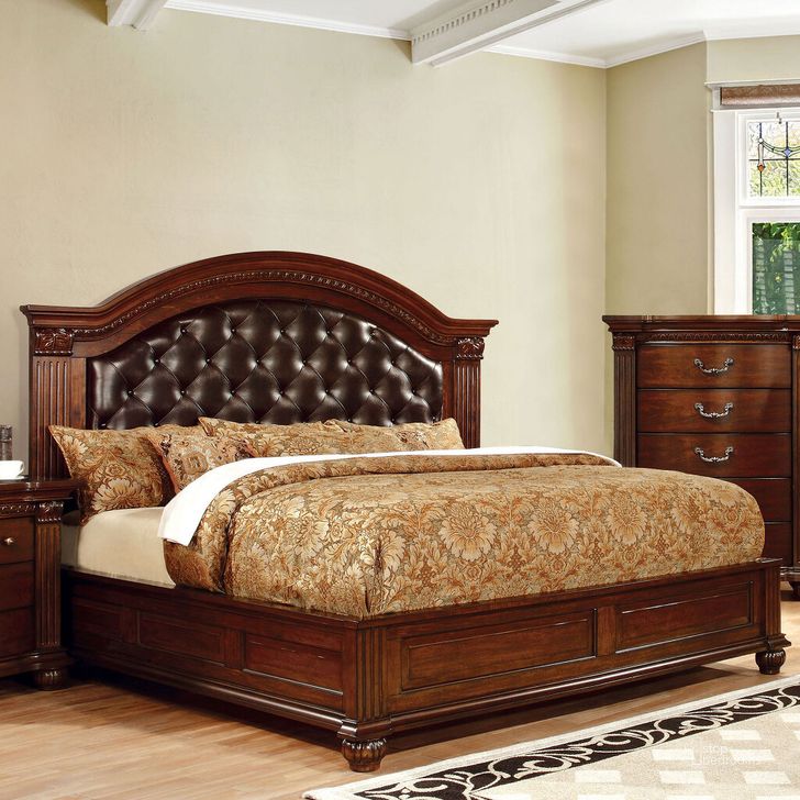 The appearance of Grandom Eastern King Bed In Cherry designed by Furniture of America in the traditional interior design. This cherry piece of furniture  was selected by 1StopBedrooms from Grandom Collection to add a touch of cosiness and style into your home. Sku: CM7736EK-HB;CM7736EK-FB;CM7736EK-R. Bed Type: Panel Bed. Material: Wood. Product Type: Panel Bed. Bed Size: King. Image1