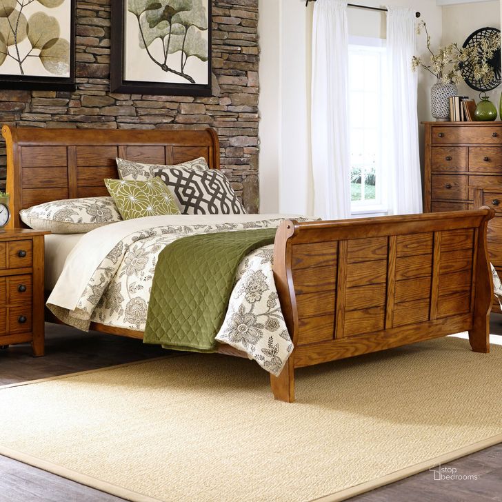The appearance of Grandpa's Cabin Aged Oak King Sleigh Bed designed by Liberty in the rustic / southwestern interior design. This brown piece of furniture  was selected by 1StopBedrooms from Grandpas Collection to add a touch of cosiness and style into your home. Sku: 175-BR22HF;175-BR22R. Bed Type: Sleigh Bed. Material: Wood. Product Type: Sleigh Bed. Bed Size: King. Image1