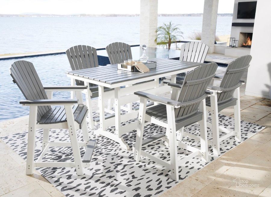 The appearance of Grassways Gray Outdoor Dining Set Outdoor Dining Furniture Set 0qd24495696 designed by Isaac Tahari in the transitional interior design. This gray and white piece of furniture  was selected by 1StopBedrooms from Grassways Collection to add a touch of cosiness and style into your home. Sku: P210-642;P210-124. Table Top Shape: Rectangular. Product Type: Outdoor Dining Set. Size: 72". Image1