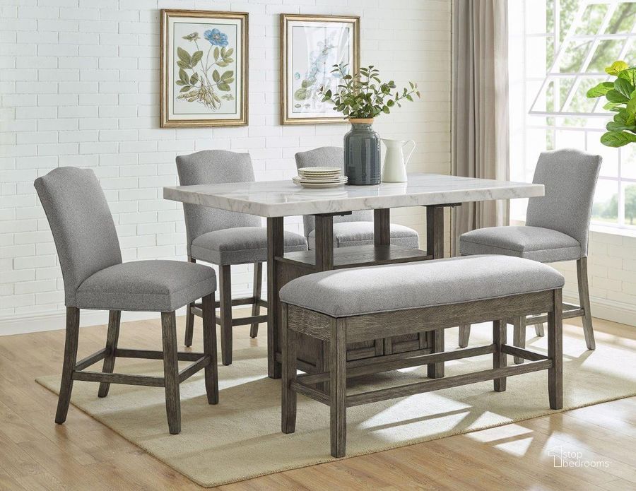 The appearance of Grayson White And Driftwood Counter Height Dining Room Set designed by Steve Silver in the transitional interior design. This white and brown piece of furniture  was selected by 1StopBedrooms from Grayson Collection to add a touch of cosiness and style into your home. Sku: GS640CTB;GS640WMT;GS640CCG. Product Type: Dining Room Set. Table Top Shape: Rectangular. Material: Rubberwood. Image1