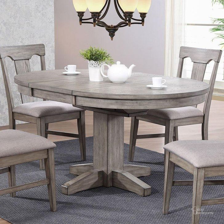 The appearance of Graystone Burnished Gray Round Extendable Dining Table designed by ECI in the transitional interior design. This gray piece of furniture  was selected by 1StopBedrooms from Graystone Collection to add a touch of cosiness and style into your home. Sku: 0590-70-RT;0590-70-RB. Table Base Style: Pedestal. Table Top Shape: Round. Product Type: Dining Table.