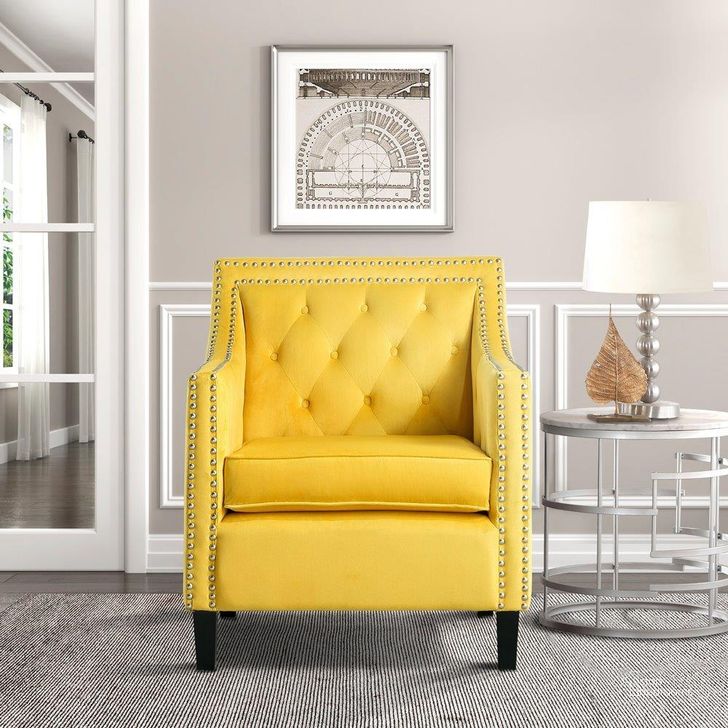 The appearance of Grazioso Yellow Accent Chair designed by Homelegance in the transitional interior design. This yellow piece of furniture  was selected by 1StopBedrooms from Grazioso Collection to add a touch of cosiness and style into your home. Sku: 1297YW-1NN. Product Type: Accent Chair. Material: Velvet. Image1