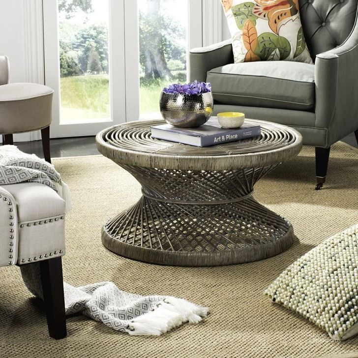 The appearance of Grimson Gray Large Bowed Occasional Table Set designed by Safavieh in the transitional interior design. This grey piece of furniture  was selected by 1StopBedrooms from Grimson Collection to add a touch of cosiness and style into your home. Sku: WIK6507B;WIK6506B. Material: Rattan. Product Type: Occasional Table Set. Image1