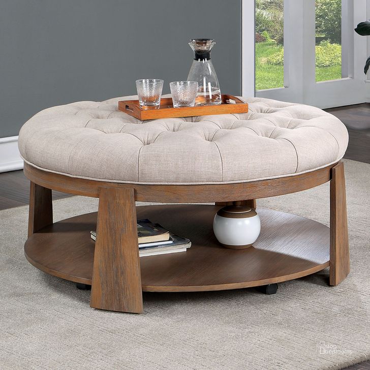 The appearance of Guis Round Coffee Table In Beige designed by Furniture of America in the transitional interior design. This beige piece of furniture  was selected by 1StopBedrooms from Guis Collection to add a touch of cosiness and style into your home. Sku: CM4411BG-C. Product Type: Coffee Table. Material: Wood Veneer. Image1