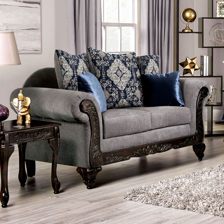 The appearance of Gustavo Loveseat In Walnut and Grey designed by Furniture of America in the traditional interior design. This walnut and grey piece of furniture  was selected by 1StopBedrooms from Gustavo Collection to add a touch of cosiness and style into your home. Sku: SM7306-LV. Product Type: Loveseat. Material: Chenille. Image1