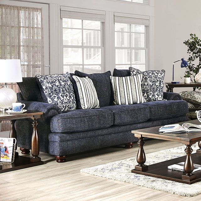 The appearance of Hadleigh Sofa In Navy designed by Furniture of America in the transitional interior design. This navy piece of furniture  was selected by 1StopBedrooms from Hadleigh Collection to add a touch of cosiness and style into your home. Sku: SM5157-SF. Material: Wood. Product Type: Sofa. Image1