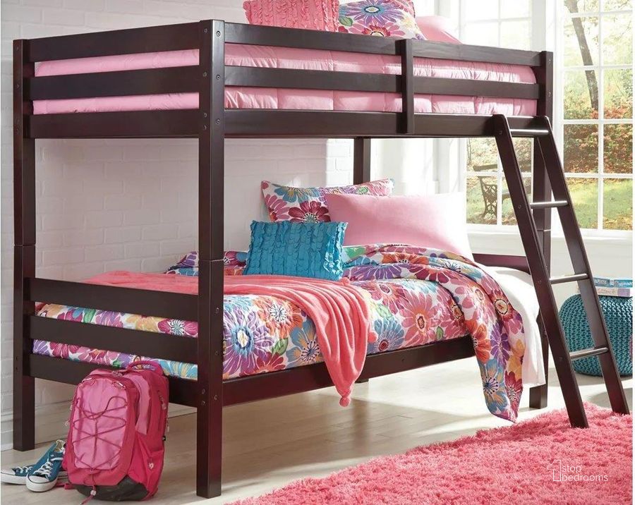 The appearance of Halanton Dark Brown Twin Over Twin Bunk Bed with Ladder designed by Signature Design by Ashley in the modern / contemporary interior design. This dark brown piece of furniture  was selected by 1StopBedrooms from Halanton Collection to add a touch of cosiness and style into your home. Sku: B328-59. Bed Type: Bunk Bed. Material: Wood. Product Type: Bunk Bed. Bed Size: Twin Over Twin. Image1