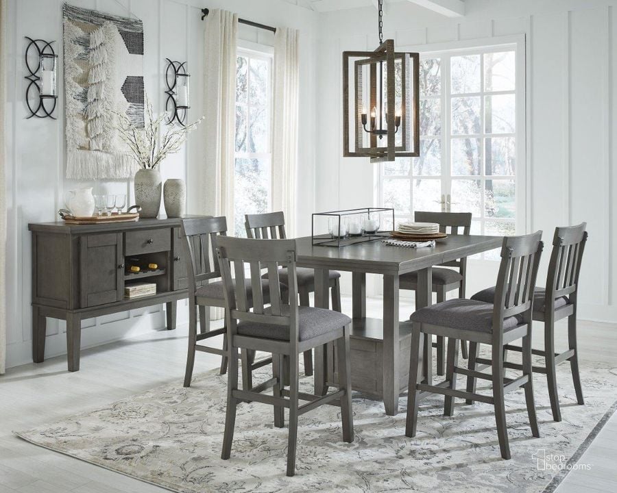 The appearance of Hallanden Gray Rectangular Extendable Counter Height Dining Room Set designed by Signature Design by Ashley in the transitional interior design. This gray piece of furniture  was selected by 1StopBedrooms from Hallanden Collection to add a touch of cosiness and style into your home. Sku: D589-42;D589-124. Material: Wood. Product Type: Dining Room Set. Table Top Shape: Rectangular. Image1