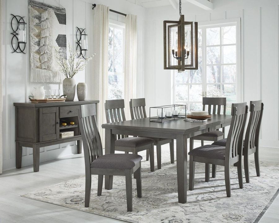 The appearance of Hallanden Gray Rectangular Extendable Dining Room Set designed by Signature Design by Ashley in the transitional interior design. This gray piece of furniture  was selected by 1StopBedrooms from Hallanden Collection to add a touch of cosiness and style into your home. Sku: D589-35;D589-01. Table Base Style: Legs. Material: Wood. Product Type: Dining Room Set. Table Top Shape: Rectangular. Image1