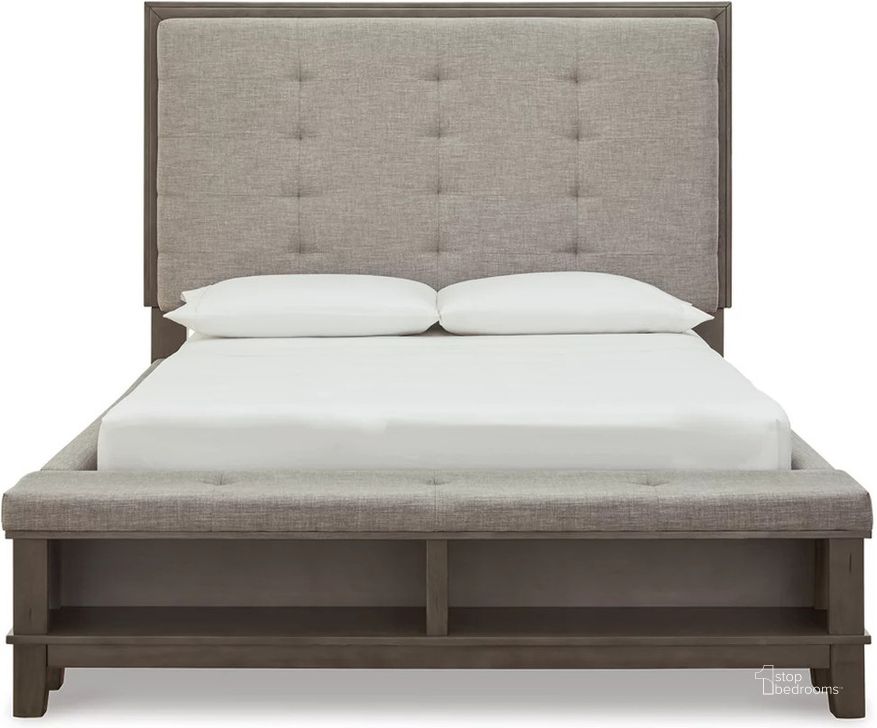 The appearance of Hallanden Grey Queen Upholstered Panel Storage Bed designed by Signature Design by Ashley in the modern / contemporary interior design. This gray piece of furniture  was selected by 1StopBedrooms from Hallanden Collection to add a touch of cosiness and style into your home. Sku: B649-57;B649-54;B649-96. Bed Type: Storage Bed. Material: Fabric. Product Type: Storage Bed. Bed Size: Queen. Image1