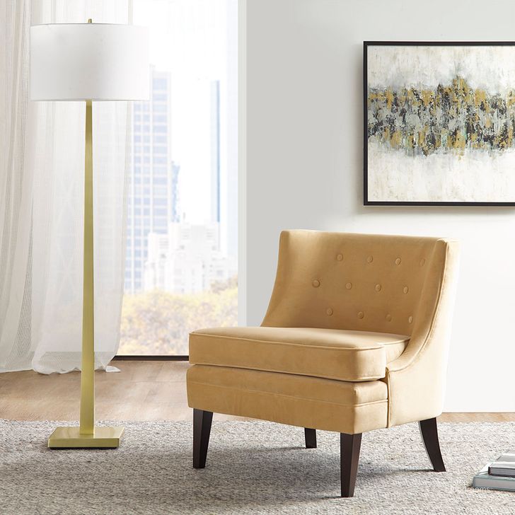 The appearance of Halleck Accent Chair In Gold designed by Olliix in the modern / contemporary interior design. This gold piece of furniture  was selected by 1StopBedrooms from Halleck Collection to add a touch of cosiness and style into your home. Sku: MT100-0069. Material: Wood. Product Type: Accent Chair. Image1