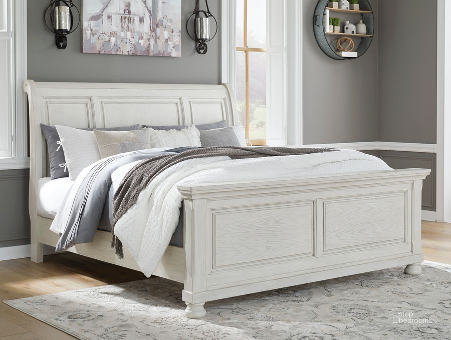 The appearance of Hallersville Antique White King Sleigh Bed designed by Isaac Tahari in the transitional interior design. This antique white piece of furniture  was selected by 1StopBedrooms from Hallersville Collection to add a touch of cosiness and style into your home. Sku: B742-56;B742-78;B742-97. Bed Type: Sleigh Bed. Material: Wood. Product Type: Sleigh Bed. Bed Size: King. Image1