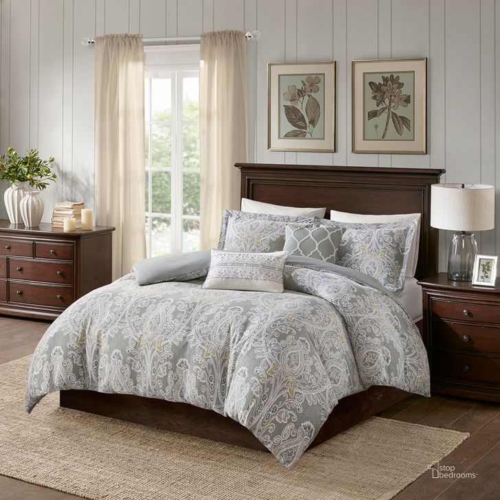 The appearance of Hallie Cotton Sateen Printed 5Pcs Queen Duvet Set In Grey designed by Olliix in the traditional interior design. This grey piece of furniture  was selected by 1StopBedrooms from Hallie Collection to add a touch of cosiness and style into your home. Sku: HH12-1687. Bed Size: Queen. Material: Cotton. Product Type: Duvet Set. Image1