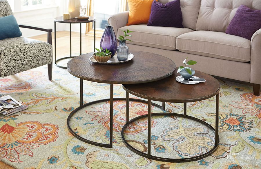 The appearance of Sanford Round Occasional Table Set designed by Hammary in the traditional interior design. This brown piece of furniture  was selected by 1StopBedrooms from Sanford Collection to add a touch of cosiness and style into your home. Sku: 553-911;553-918. Table Top Shape: Round. Material: Metal. Product Type: Occasional Table Set. Image1