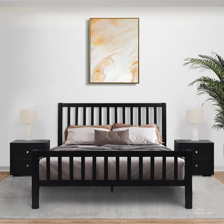 The appearance of Hampton Wooden King Platform Bed with 2 Nightstands In Black designed by Camden Isle Furniture in the modern / contemporary interior design. This black piece of furniture  was selected by 1StopBedrooms from Hampton Collection to add a touch of cosiness and style into your home. Sku: 115133-1;110102;122134;122134. Bed Type: Platform Bed. Material: Wood. Product Type: Platform Bed. Bed Size: King. Image1