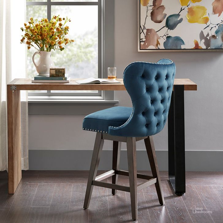The appearance of Hancock Swivel Counter Stool In Dark Blue designed by Olliix in the transitional interior design. This dark blue piece of furniture  was selected by 1StopBedrooms from Hancock Collection to add a touch of cosiness and style into your home. Sku: MP104-1047. Material: Wood. Product Type: Barstool. Image1