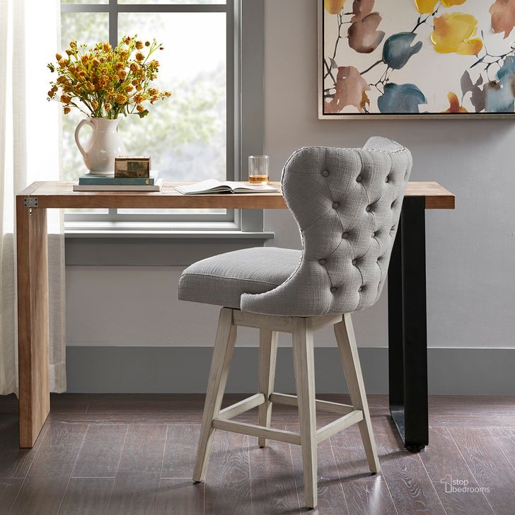 The appearance of Hancock Swivel Counter Stool In Grey designed by Olliix in the transitional interior design. This grey piece of furniture  was selected by 1StopBedrooms from Hancock Collection to add a touch of cosiness and style into your home. Sku: MP104-0716. Material: Wood. Product Type: Barstool. Image1