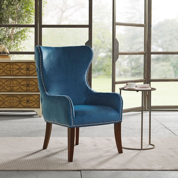 The appearance of Hancock Upholstered Chair In Blue designed by Olliix in the transitional interior design. This blue piece of furniture  was selected by 1StopBedrooms from Hancock Collection to add a touch of cosiness and style into your home. Sku: FPF18-0468. Material: Wood. Product Type: Accent Chair. Image1