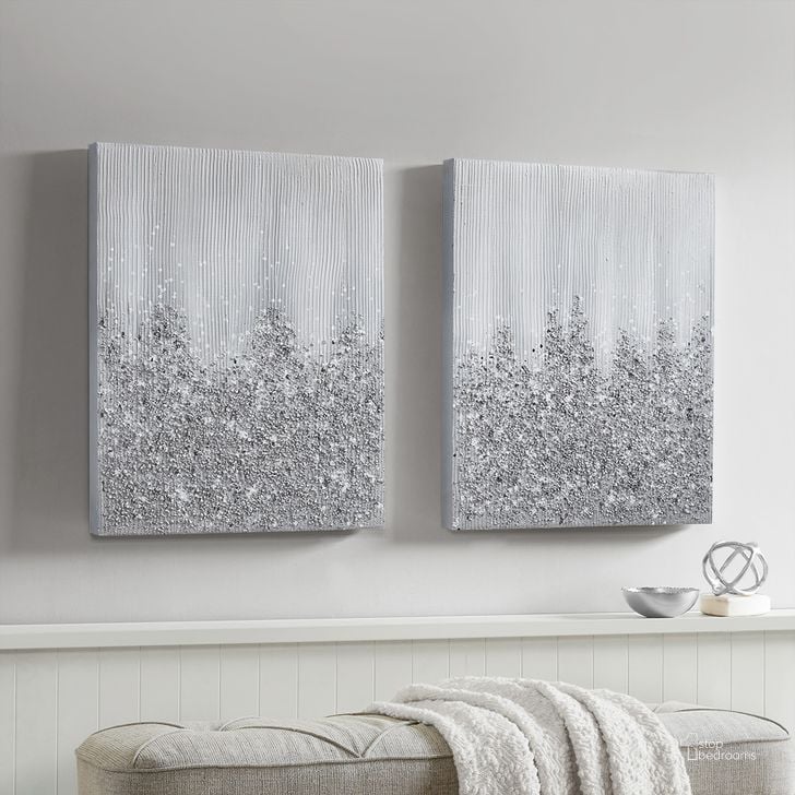 The appearance of Hand Brush Heavy Textured Glitz Embellished Canvas 2 Piece Set In Silver designed by Olliix in the glam interior design. This silver piece of furniture  was selected by 1StopBedrooms from Silver Glimmer Collection to add a touch of cosiness and style into your home. Sku: MP95C-0268. Product Type: Wall Art. Material: MDF. Image1