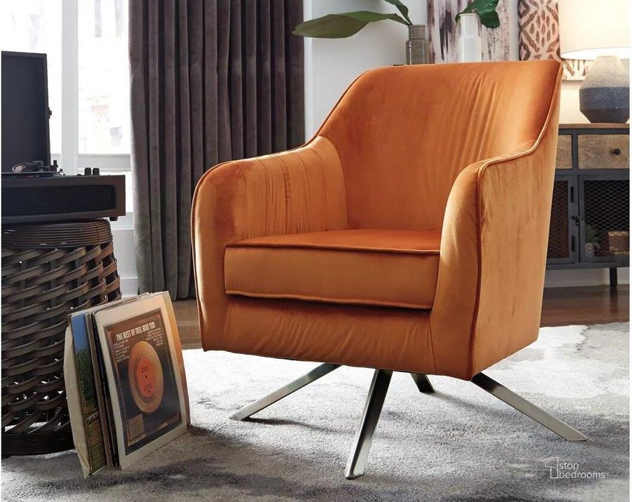 The appearance of Hangar Orange Accent Chair designed by Signature Design by Ashley in the modern / contemporary interior design. This rust piece of furniture  was selected by 1StopBedrooms from Hangar Collection to add a touch of cosiness and style into your home. Sku: A3000174. Product Type: Accent Chair. Image1