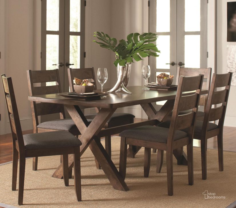 The appearance of Hardwood Lands Brown Dining Set designed by Windsor Home in the traditional interior design. This brown piece of furniture  was selected by 1StopBedrooms from Hardwood Lands Collection to add a touch of cosiness and style into your home. Sku: 106381B1;106381B2;106382. Table Base Style: Trestle. Material: Wood. Product Type: Dining Room Set. Table Top Shape: Rectangular. Size: 36". Image1