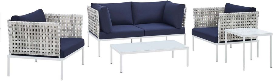 The appearance of Harmony 5-Piece Sunbrella Basket Weave Outdoor Patio Aluminum Seating Set In Navy EEI-4692-TAU-NAV-SET designed by Modway in the modern / contemporary interior design. This navy piece of furniture  was selected by 1StopBedrooms from Harmony Collection to add a touch of cosiness and style into your home. Sku: EEI-4692-TAU-NAV-SET. Material: Polyester. Product Type: Outdoor Conversation Set. Image1