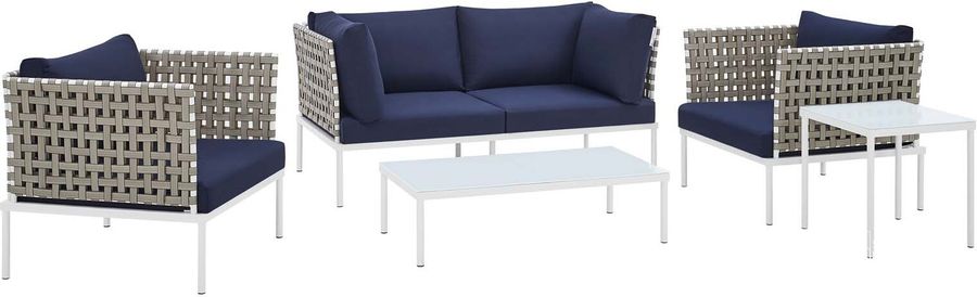 The appearance of Harmony 5-Piece Sunbrella Basket Weave Outdoor Patio Aluminum Seating Set In Navy designed by Modway in the modern / contemporary interior design. This dark blue piece of furniture  was selected by 1StopBedrooms from Harmony Collection to add a touch of cosiness and style into your home. Sku: EEI-4693-TAN-NAV-SET. Material: Polyester. Product Type: Outdoor Conversation Set. Image1