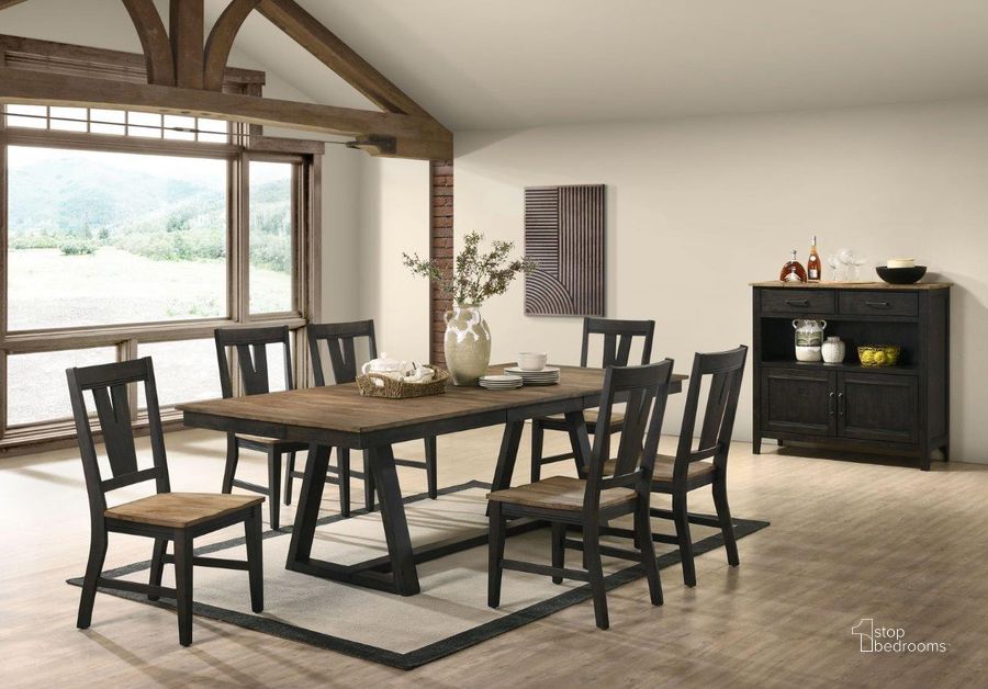 The appearance of Harper Brushed Brown and Pecan Trestle Dining Room Set designed by Intercon in the transitional interior design. This black and brown piece of furniture  was selected by 1StopBedrooms from Harper Collection to add a touch of cosiness and style into your home. Sku: HP-TA-4294-BBP-C;HP-CH-270W-BBP-RTA. Table Base Style: Trestle. Product Type: Dining Room Set. Table Top Shape: Rectangular. Image1