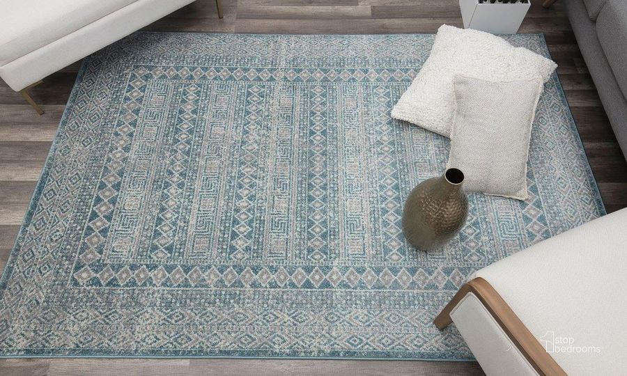 The appearance of Harper HY20B Maiden Light Blue Transitional Vintage Blue 5' x 7' Area Rug designed by Rugs America in the transitional interior design. This light blue piece of furniture  was selected by 1StopBedrooms from Harper Collection to add a touch of cosiness and style into your home. Sku: RA28254. Material: Polypropylene. Product Type: Area Rugs. Image1