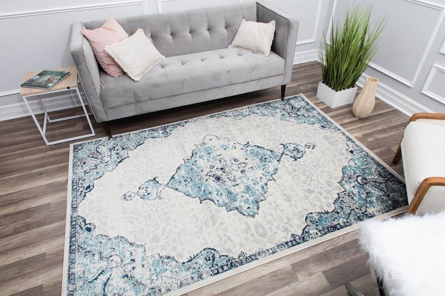 The appearance of Harper HY50G Bluebonnet Transitional Vintage 8' x 10' Area Rug designed by Rugs America in the transitional interior design. This blue piece of furniture  was selected by 1StopBedrooms from Harper Collection to add a touch of cosiness and style into your home. Sku: RA29376. Material: Polypropylene. Product Type: Area Rugs. Image1
