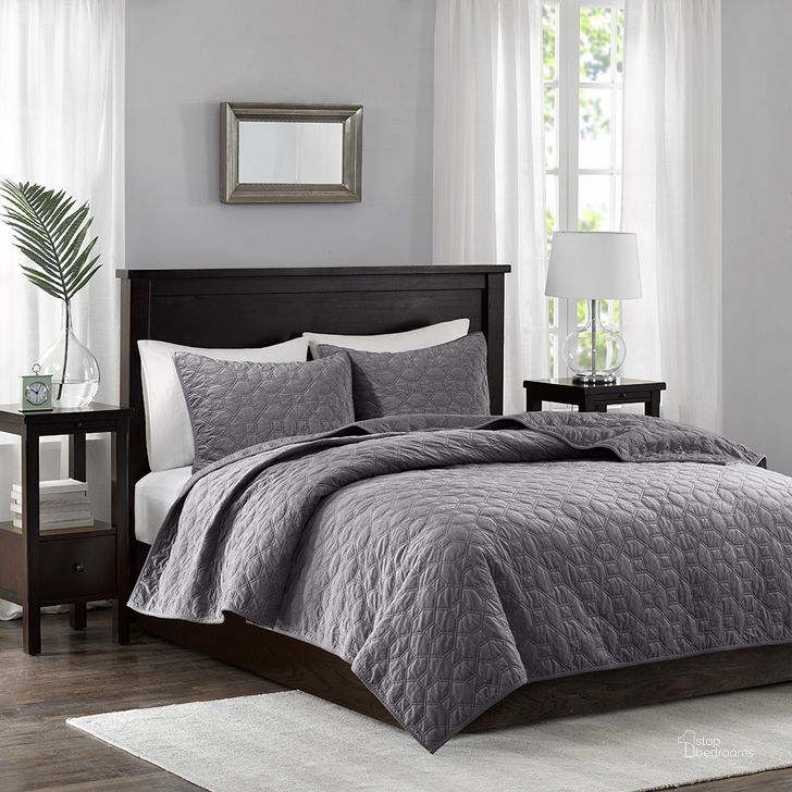 The appearance of Harper Polyester Velvet Quilted King Coverlet Set In Grey designed by Olliix in the glam interior design. This grey piece of furniture  was selected by 1StopBedrooms from Harper Collection to add a touch of cosiness and style into your home. Sku: MP13-3308. Material: Polyester. Bed Size: King. Product Type: Coverlet Set. Image1