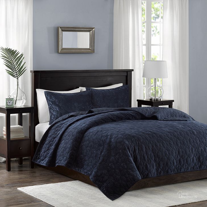 The appearance of Harper Polyester Velvet Quilted Queen Coverlet Set In Navy designed by Olliix in the glam interior design. This navy piece of furniture  was selected by 1StopBedrooms from Harper Collection to add a touch of cosiness and style into your home. Sku: MP13-3303. Material: Polyester. Bed Size: Queen. Product Type: Coverlet Set. Image1