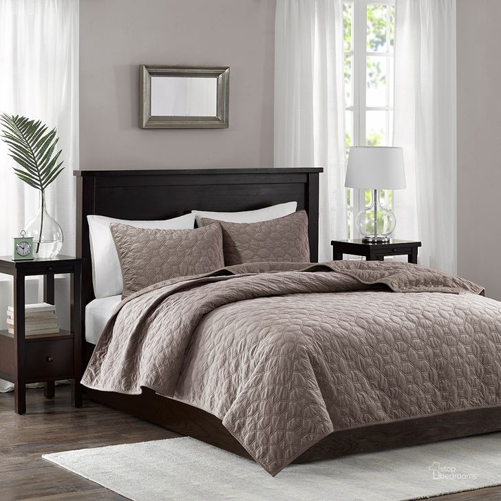 The appearance of Harper Polyester Velvet Quilted Queen Coverlet Set In Taupe designed by Olliix in the glam interior design. This taupe piece of furniture  was selected by 1StopBedrooms from Harper Collection to add a touch of cosiness and style into your home. Sku: MP13-3305. Material: Polyester. Bed Size: Queen. Product Type: Coverlet Set. Image1