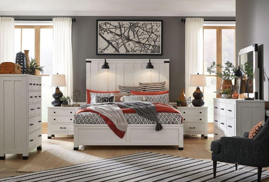 The appearance of Harper Springs Silo White Panel Bedroom Set designed by Magnussen in the transitional interior design. This white piece of furniture  was selected by 1StopBedrooms from Harper Springs Collection to add a touch of cosiness and style into your home. Sku: B5321-54H;B5321-54F;B5321-54R;B5321-01. Bed Type: Panel Bed. Product Type: Panel Bed. Bed Size: Queen. Material: Pine. Image1