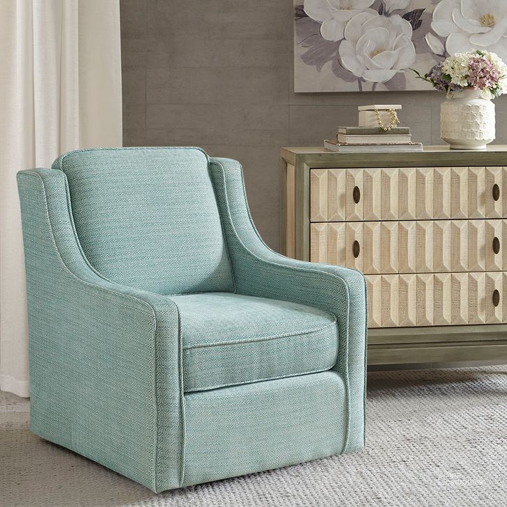 The appearance of Harris Swivel Chair In Dusty Aqua designed by Olliix in the transitional interior design. This dusty aqua piece of furniture  was selected by 1StopBedrooms from Harris Collection to add a touch of cosiness and style into your home. Sku: MP103-0702. Material: Wood. Product Type: Living Room Chair. Image1