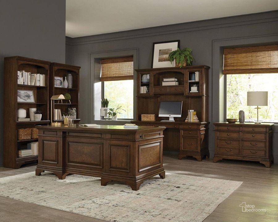 The appearance of Hartshill Burnished Oak Executive Home Office Set designed by Coaster in the transitional interior design. This brown piece of furniture  was selected by 1StopBedrooms from Hartshill Collection to add a touch of cosiness and style into your home. Sku: 881281B1;881281B2;881282B1;881282B2. Material: Wood. Product Type: Home Office Set. Image1