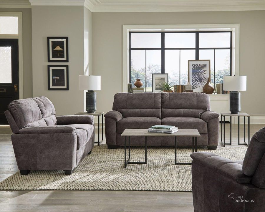 The appearance of Hartsook Charcoal Grey Living Room Set designed by Coaster in the transitional interior design. This gray piece of furniture  was selected by 1StopBedrooms from Hartsook Collection to add a touch of cosiness and style into your home. Sku: 509751;509752. Product Type: Living Room Set. Material: Plywood. Image1