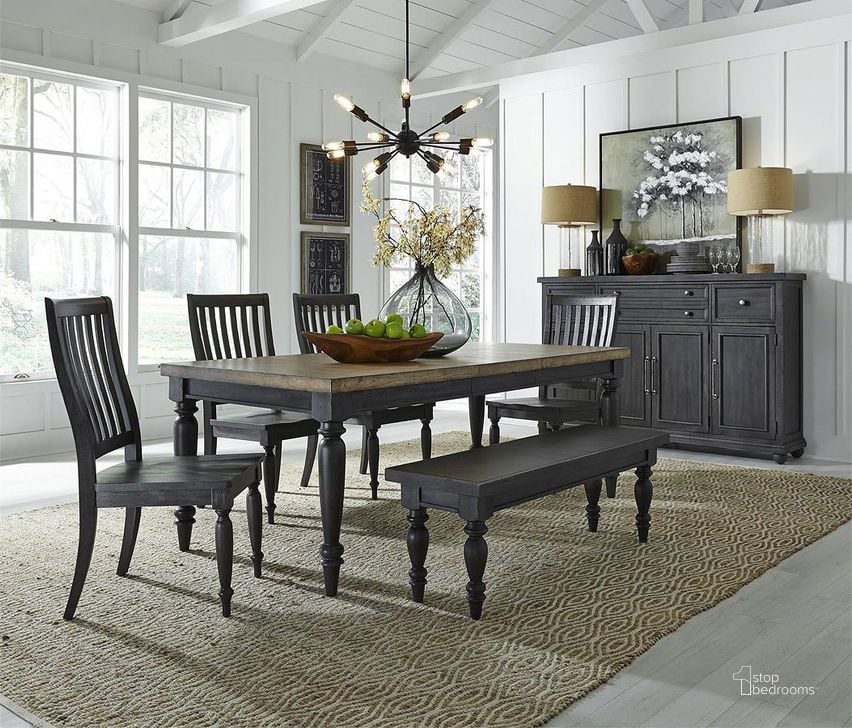 The appearance of Harvest Home Rectangular Leg Dining Set w/ Bench (Chalkboard) designed by Liberty in the transitional interior design. This chalkboard piece of furniture  was selected by 1StopBedrooms from Harvest Home Collection to add a touch of cosiness and style into your home. Sku: 879-T4082;879-C1500S;879-C9000B. Table Base Style: Legs. Material: Wood. Product Type: Dining Room Set. Table Top Shape: Rectangular. Image1
