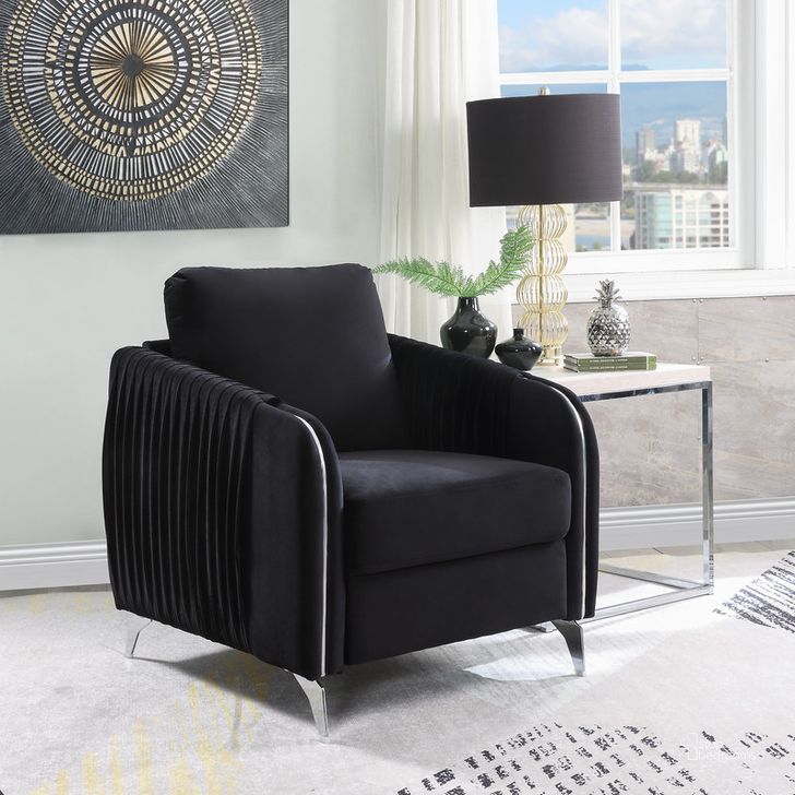 The appearance of Hathaway Black Velvet Modern Chic Accent Armchair designed by Lilola Home in the modern / contemporary interior design. This black piece of furniture  was selected by 1StopBedrooms from Hathaway Collection to add a touch of cosiness and style into your home. Sku: 89726-C. Material: Wood. Product Type: Arm Chair. Image1