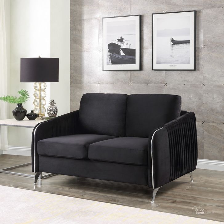 The appearance of Hathaway Black Velvet Modern Chic Loveseat Couch designed by Lilola Home in the modern / contemporary interior design. This black piece of furniture  was selected by 1StopBedrooms from Hathaway Collection to add a touch of cosiness and style into your home. Sku: 89726-L. Material: Wood. Product Type: Loveseat. Image1
