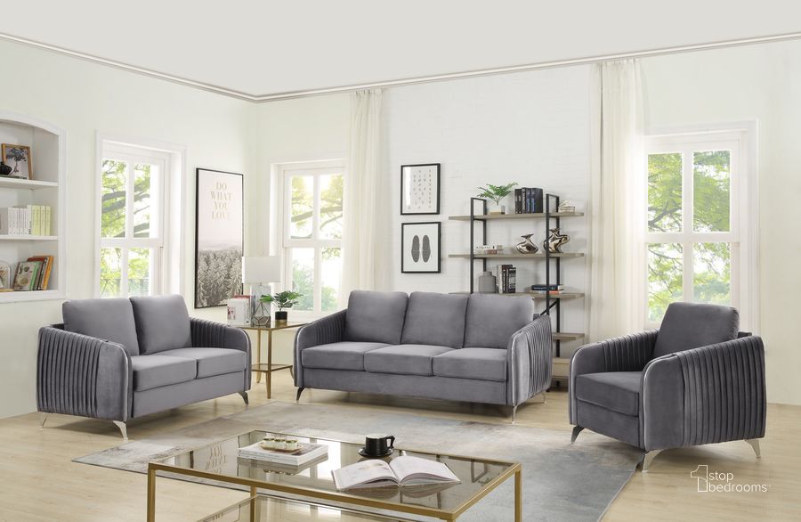 The appearance of Hathaway Gray Velvet Fabric Sofa Loveseat Chair Living Room Set designed by Lilola Home in the modern / contemporary interior design. This gray piece of furniture  was selected by 1StopBedrooms from Hathaway Collection to add a touch of cosiness and style into your home. Sku: 89725. Material: Wood. Product Type: Living Room Set. Image1